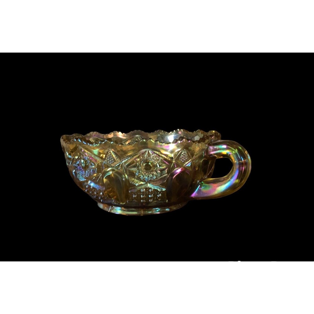 Vintage L.E. Smith Amber Marigold Iridescent Glass Quintec Pattern Nappy Handled